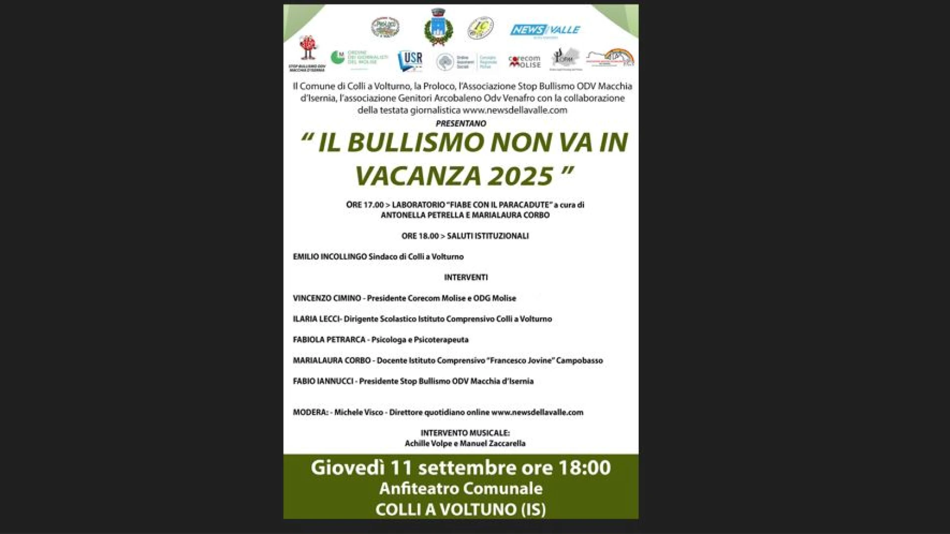 “Il Bullismo non va in vacanza”. Giovedì 11 settembre la tappa di Colli a Volturno. Appuntamento in piazza anfiteatro alle ore 18.